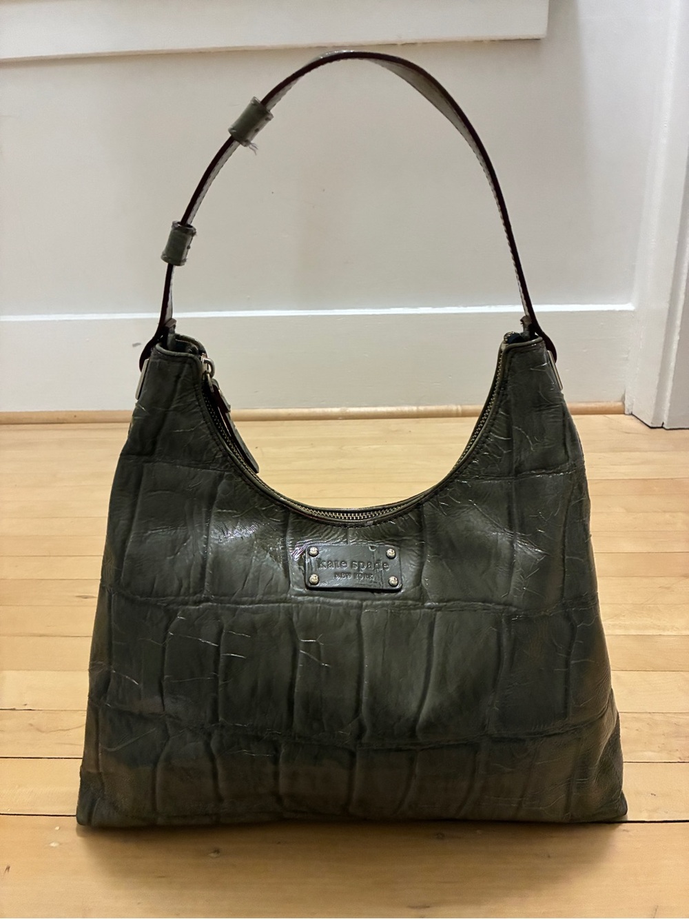 kate spade Olive Green Croc-Embossed Leather Hobo